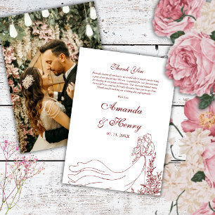 Simple Hand Drawn Couple Photo  Burgundy Wedding Thank You Card