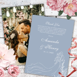 Simple Hand Drawn Couple Photo Dusty Blue Wedding Thank You Card