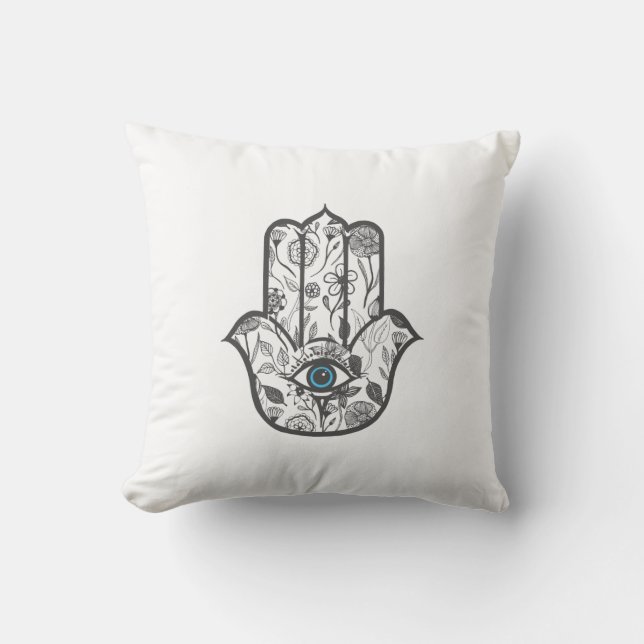 Simple Hand Drawn Floral Hamsa Hand Cushion (Front)