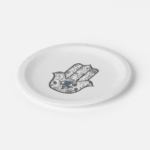 Simple Hand Drawn Floral Hamsa Hand Paper Plate