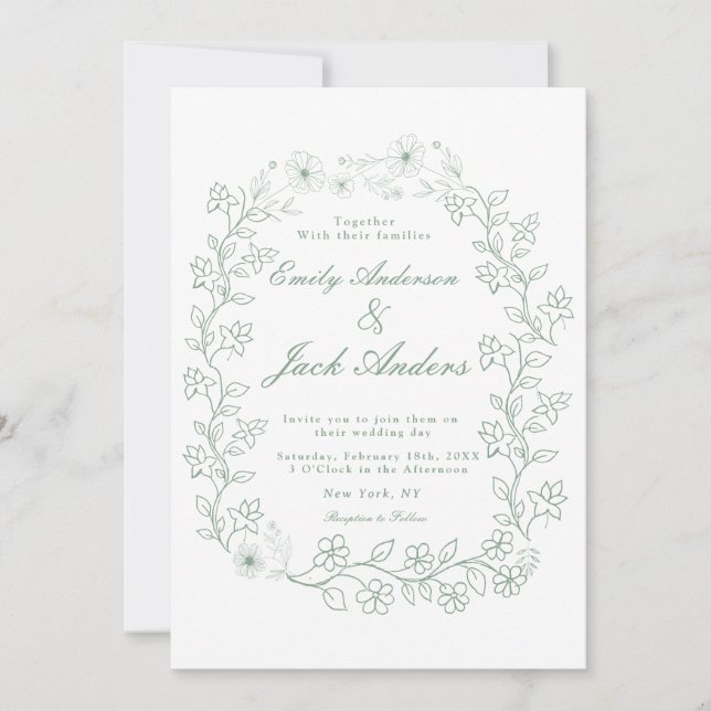 simple hand drawn green flower garden wedding save the date (Front)