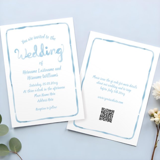 Simple Hand Drawn Light Blue Frame QR RSVP Wedding Invitation (Creator Uploaded)