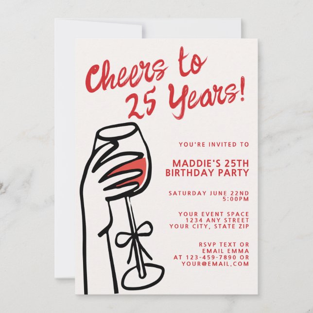 Simple Hand Drawn Red Wine 25th Birthday Invitation (Front)