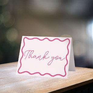 Simple Hand Drawn Wavy Scalloped Frame Retro Pink Thank You Card