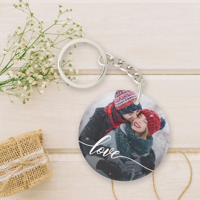 Simple Hand-Lettered Love Photo Key Ring (Celebrate your love with this cute keychain featuring a photo and hand lettered love.)