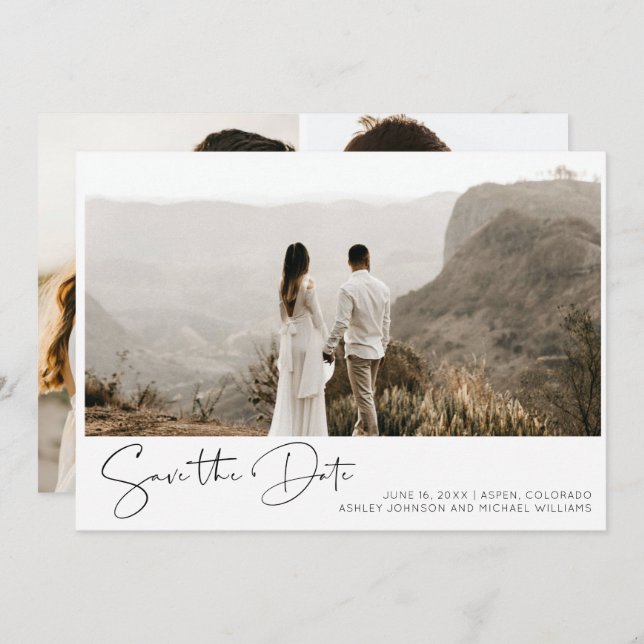 Simple Hand Lettered Script 3 Photo Save the Date  Invitation (Front/Back)