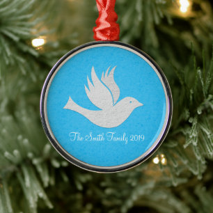 Simple Handmade White Dove Graphic On Blue Metal Ornament
