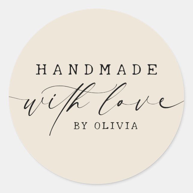Simple Handmade with Love Script Business | ECRU Classic Round Sticker (Front)