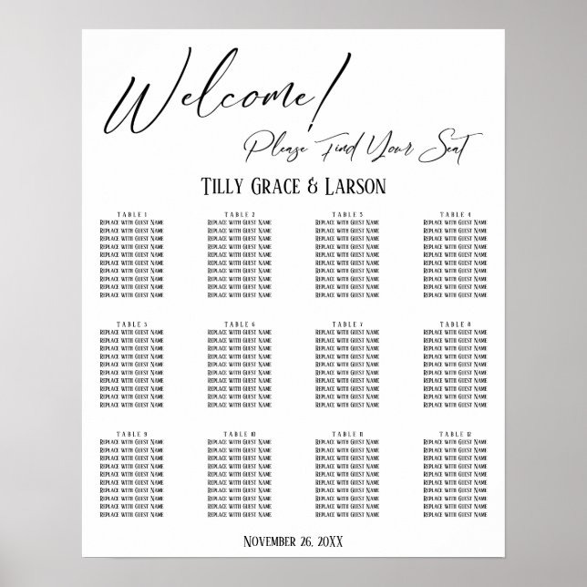Simple Handwriting Wedding Reception Seating Chart (Front)