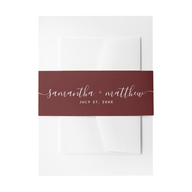 Simple Handwritten Script Burgundy Wedding Invitation Belly Band (Front Example)