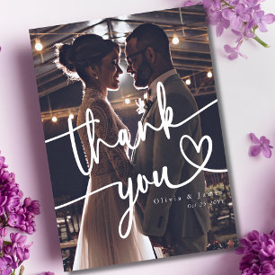 Simple Handwritten Script Heart Wedding Photo Thank You Card