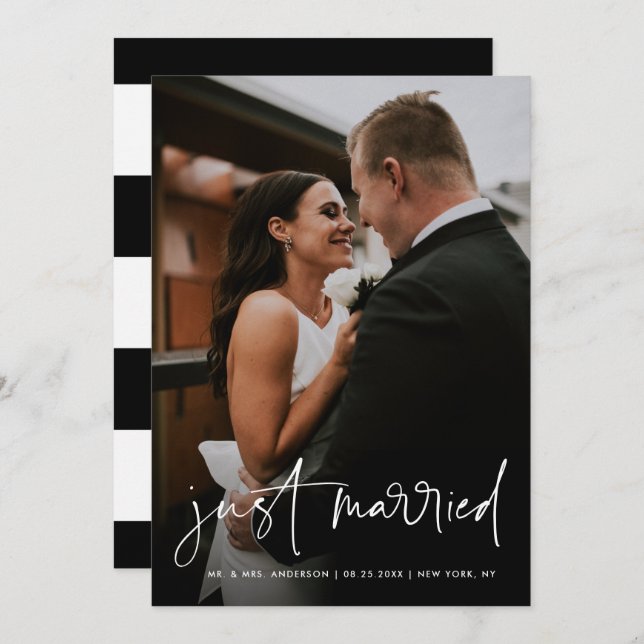 Simple Handwritten Script Just Married Wedding Announcement (Front/Back)