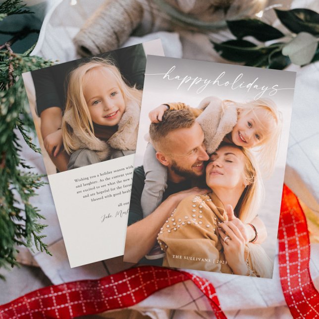 Simple Handwritten Script Photo Christmas Holiday Card (Minimal happy holidays photo holiday card with handwritten overlay typography and coordinating back.)