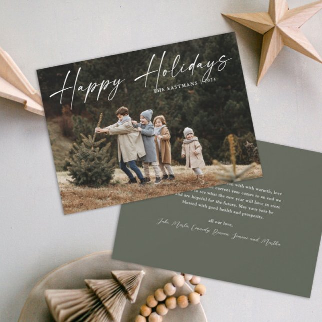 Simple Handwritten Script Photo Happy Holiday Card (A simple photo holiday card with handwritten Happy Holidays script typographic overlay.)