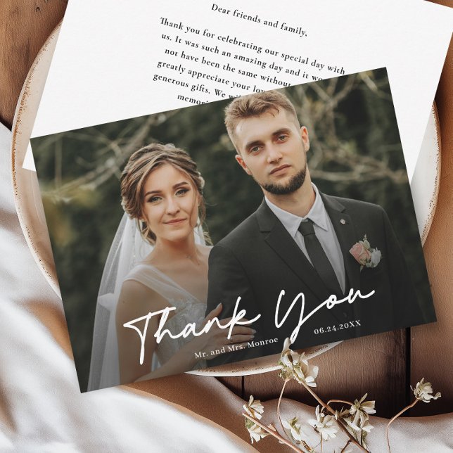 Simple Handwritten Script Photo Wedding Thank You Card (Simple handwritten script wedding photo thank you cards.)
