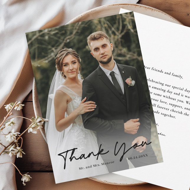 Simple Handwritten Script Photo Wedding Thank You Card (Simple handwritten black script wedding photo thank you card.)