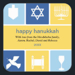 Simple Hanukkah Icons Sticker<br><div class="desc">This sticker uses the icons of Hanukkah to convey warm wishes. The bright blue and gold colours surround icons of a dreidel, menorah, and kiddush cup, among others to frame your message. Great as envelope seals or for sticking on holiday packages or gifts. Available in alternate colours with matching products....</div>
