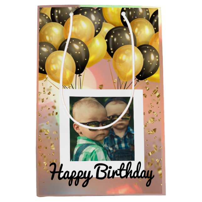 Simple Happy Birthday Add Photo Text Personalised  Medium Gift Bag (Front)