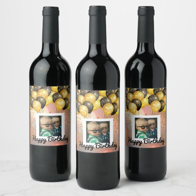 Simple Happy Birthday Add Photo Text Personalised Wine Label (Bottles)