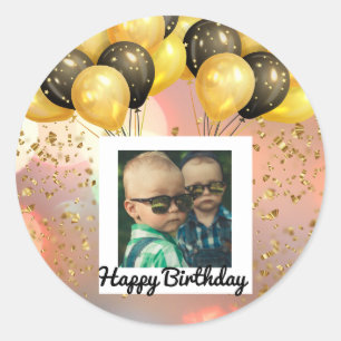 Simple Happy Birthday Add Photo Text Personalized  Classic Round Sticker
