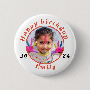 Simple happy birthday Photo name age 6 Cm Round Badge