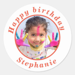 Simple happy birthday Photo name Classic Round Sticker
