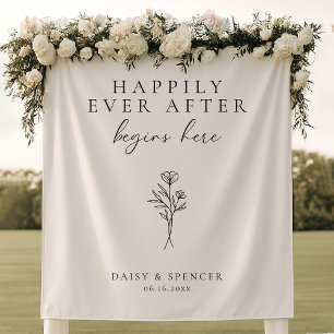 Simple "Happy Ever After Begins Here" Text Wedding Tapestry