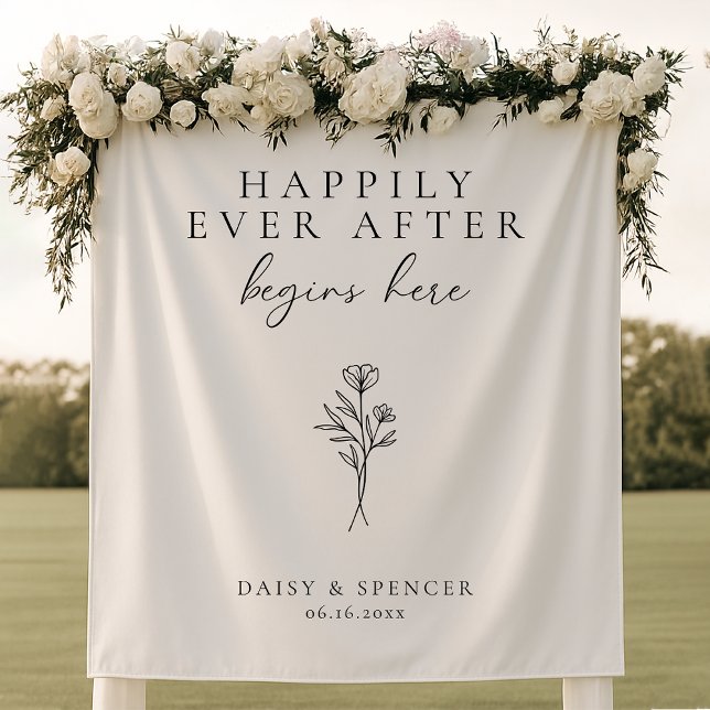 Simple "Happy Ever After Begins Here" Text Wedding Tapestry (Creator Uploaded)