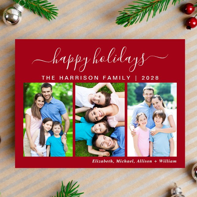 Simple Happy Holidays 3 Photo Holiday Postcard (This holiday season, let the magic of your cherished moments unfold with our 3 photo Christmas card)