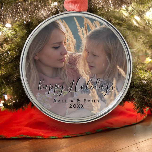 Simple Happy Holidays Script Full Photo Metal Ornament (Creator Uploaded)