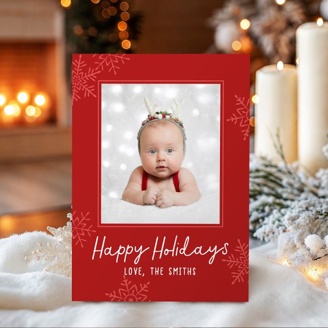 Simple Happy Holidays Script Snowflakes Photo Holiday Card (Simple Happy Holidays Script Snowflakes Photo Holiday Card)