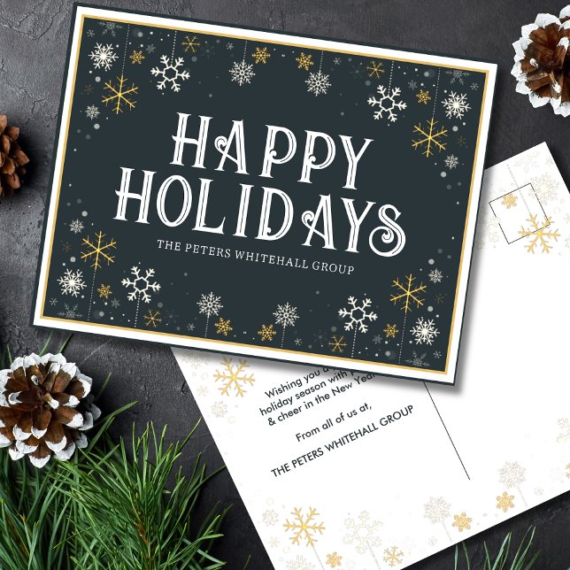 Simple Happy Holidays Snowflake Gold Blue Business Postcard (Creator Uploaded)