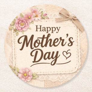 Simple Happy Mother's Day Calligraphy Floral    Round Paper Coaster