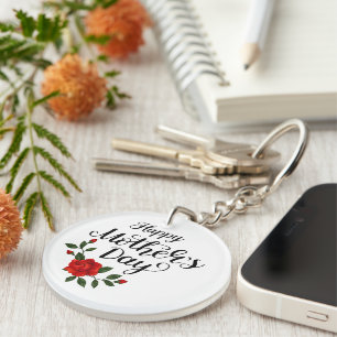Simple Happy Mother's Day Floral Calligraphy Key Ring