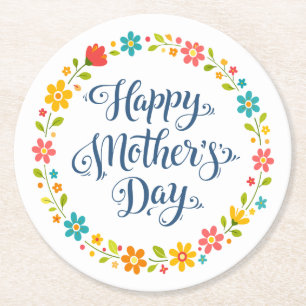 Simple Happy Mother's Day Floral Calligraphy Round Paper Coaster
