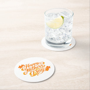Simple Happy Mother's Day Floral Calligraphy    Round Paper Coaster