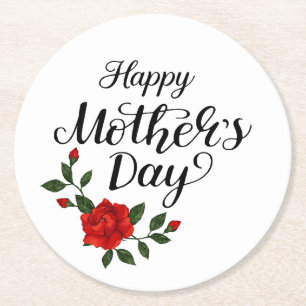 Simple Happy Mother's Day Floral Calligraphy    Round Paper Coaster