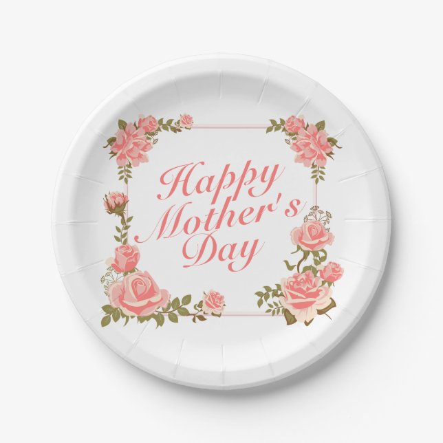 Simple Happy Mother's Day Floral Paper Plate (Front)