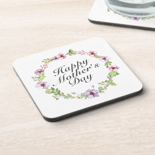 Simple Happy Mother's Day Floral Wreath Coaster (Left Side)