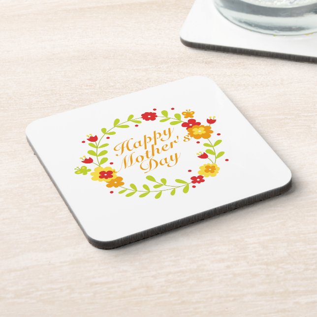Simple Happy Mother's Day Floral Wreath Coaster (Left Side)