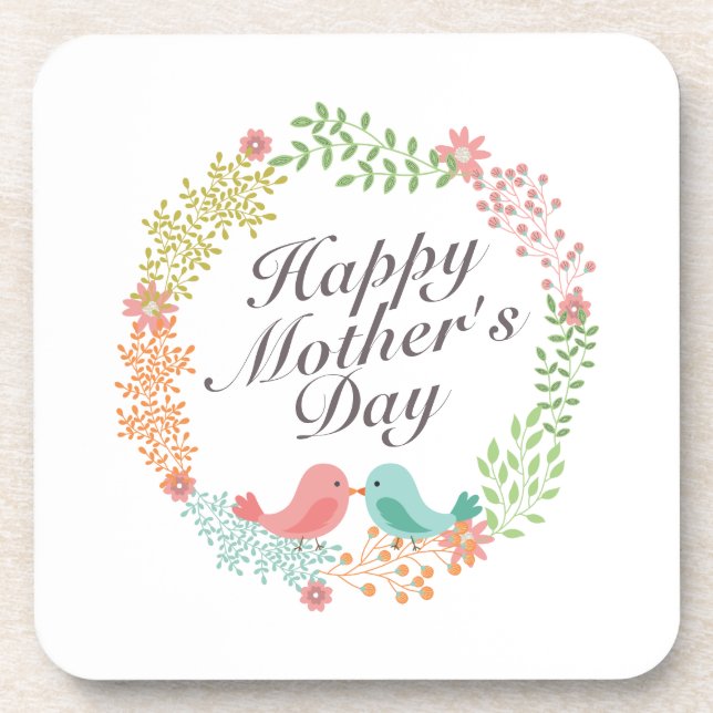 Simple Happy Mother's Day Floral Wreath Coaster (Front)