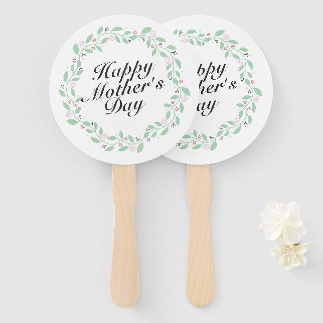 Simple Happy Mother's Day Floral Wreath Hand Fan (Front and Back)