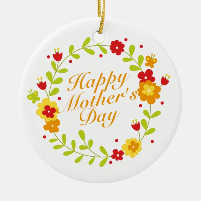Simple Happy Mother's Day Floral Wreath Ornament (Front)