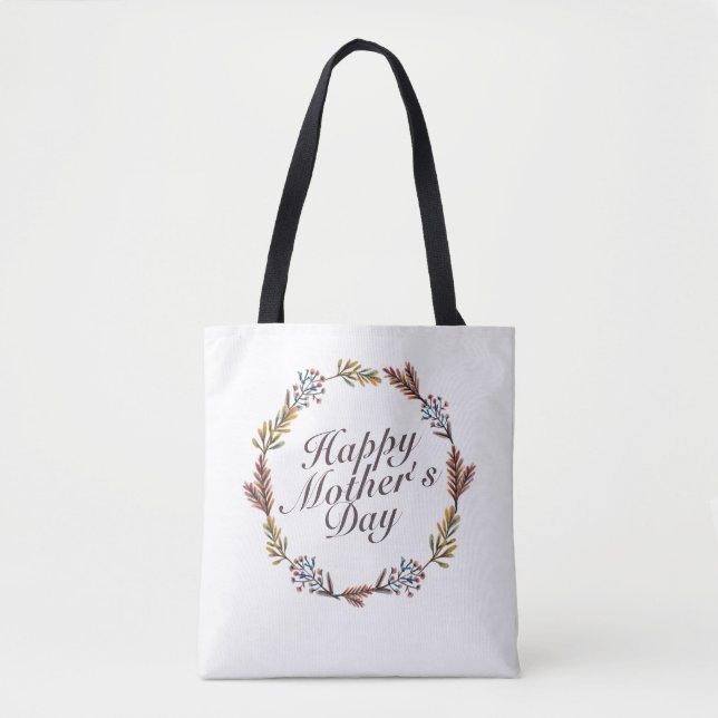 Simple Happy Mother's Day Floral Wreath Tote Bag (Front)
