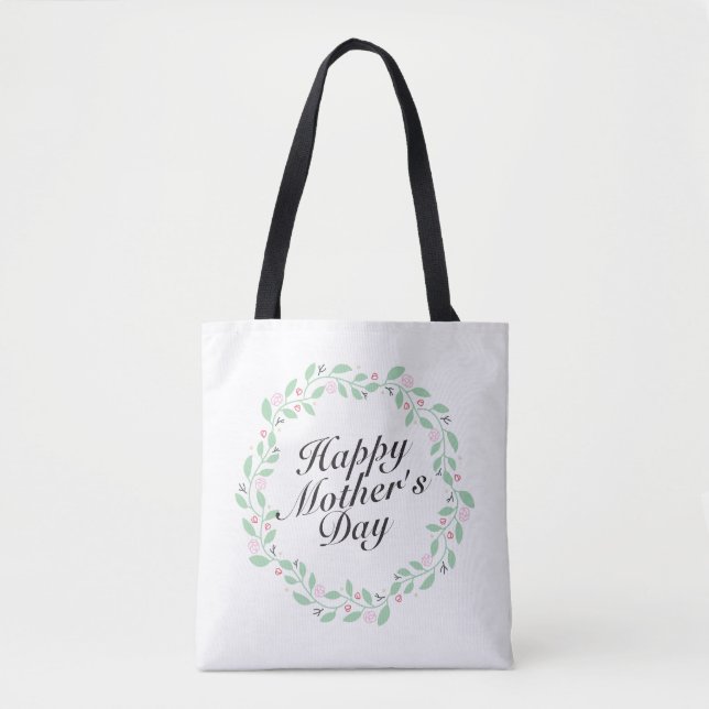 Simple Happy Mother's Day Floral Wreath Tote Bag (Front)