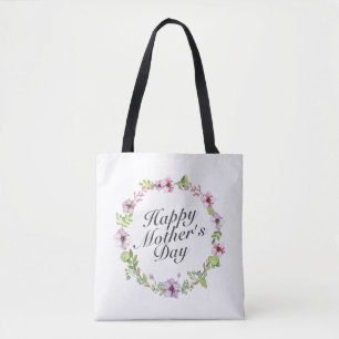 Simple Happy Mother's Day Floral Wreath Tote Bag