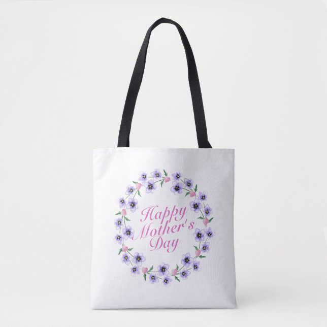 Simple Happy Mother's Day Floral Wreath Tote Bag (Front)