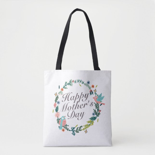 Simple Happy Mother's Day Floral Wreath Tote Bag (Front)
