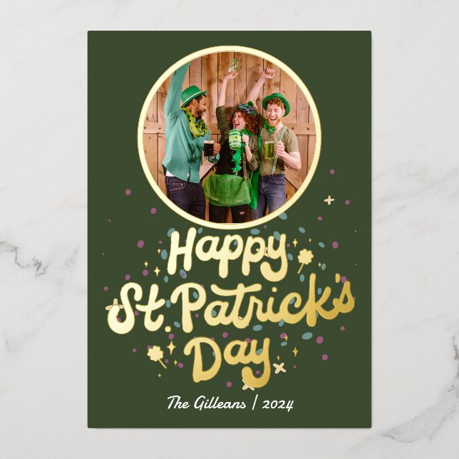 Simple Happy St patricks day Shamrocks Family Foil Holiday Card (Front)