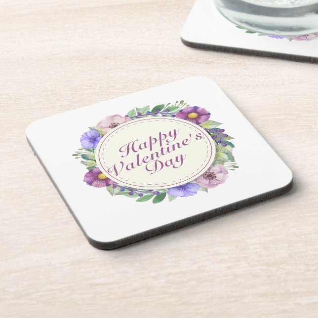Simple Happy Valentine's Day Floral Frame Coaster (Left Side)